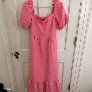THML Pink Puff Sleeve Sweetheart Midi Dress for Weddings
